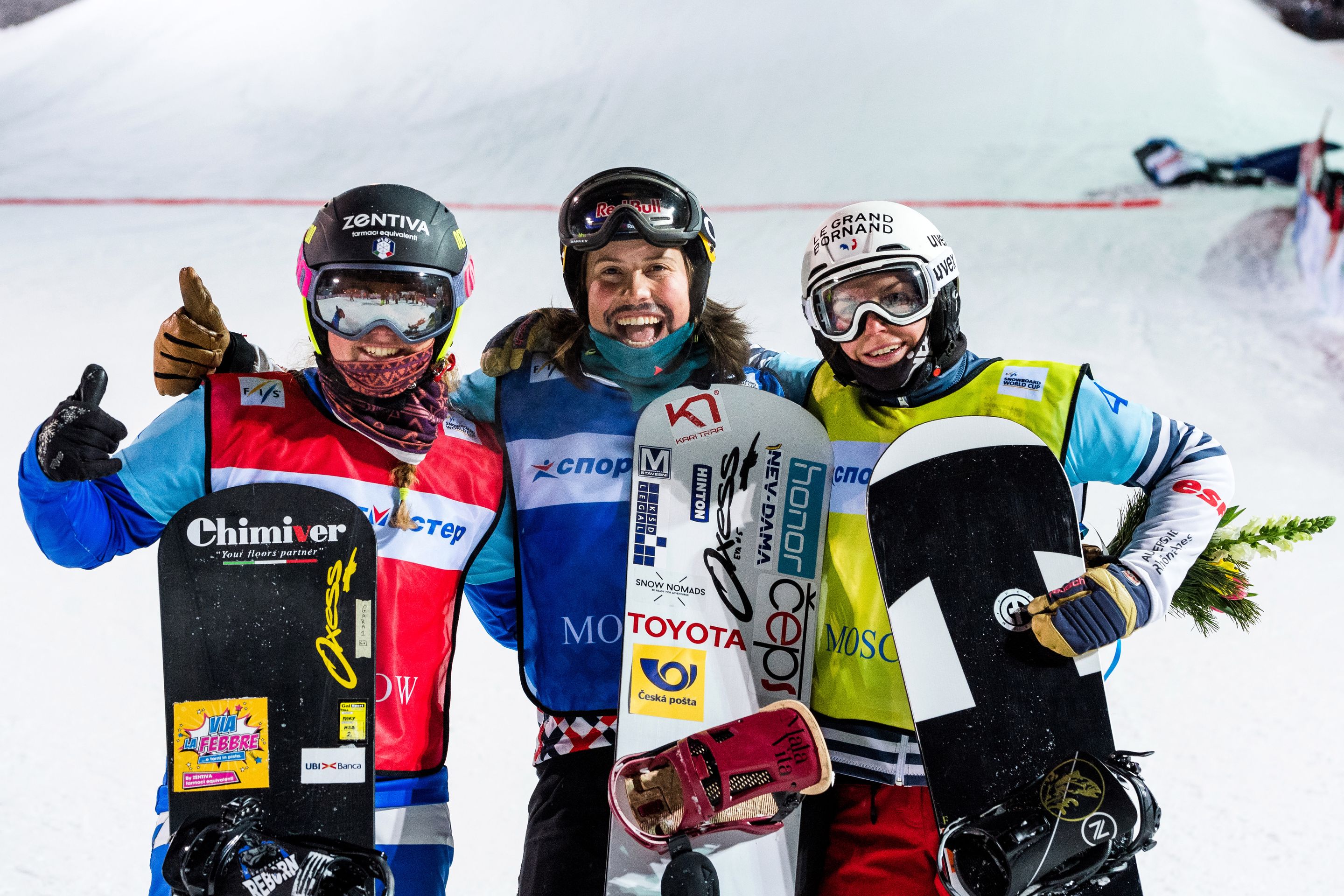 FIS Snowboard World Cup - Moscow RUS - SBX - Women's podium with 2nd MOENNE LOCCOZ Nelly FRA, 1st SAMKOVA Eva CZE and 3rd MOIOLI Michela ITA © Miha Matavz/FIS