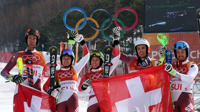 PYEONGCHANG-GUN, SOUTH KOREA - FEBRUARY 24: Switzerland Team wins the gold medal during the Alpine Skiing National Team Event at Yongpyong Alpine Centre on February 24, 2018 in Pyeongchang-gun, South Korea. (Photo by Christophe Pallot/Agence Zoom)