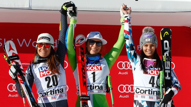 CORTINA D'AMPEZZO, ITALY - JANUARY 29: Sofia Goggia of Italy takes 2nd place, Ilka Stuhec of Slovenia takes 1st place, Anna Veith of Austria takes 3rd place during the Audi FIS Alpine Ski World Cup Women's Super-G on January 29, 2017 in Cortina d'Ampezzo, Italy (Photo by Christophe Pallot/Agence Zoom)