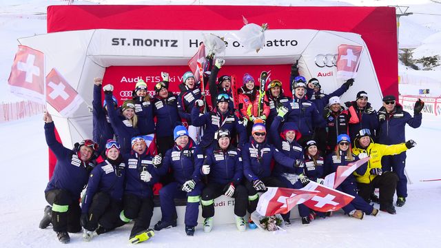 ST MORITZ, SWITZERLAND - DECEMBER 09: Jasmine Flury of Switzerland, Michelle Gisin of Switzerland, Tina Weirather of Liechtenstein during the Audi FIS Alpine Ski World Cup Women's Super G on December 9, 2017 in St Moritz, Switzerland. (Photo by Alain Grosclaude/Agence Zoom)