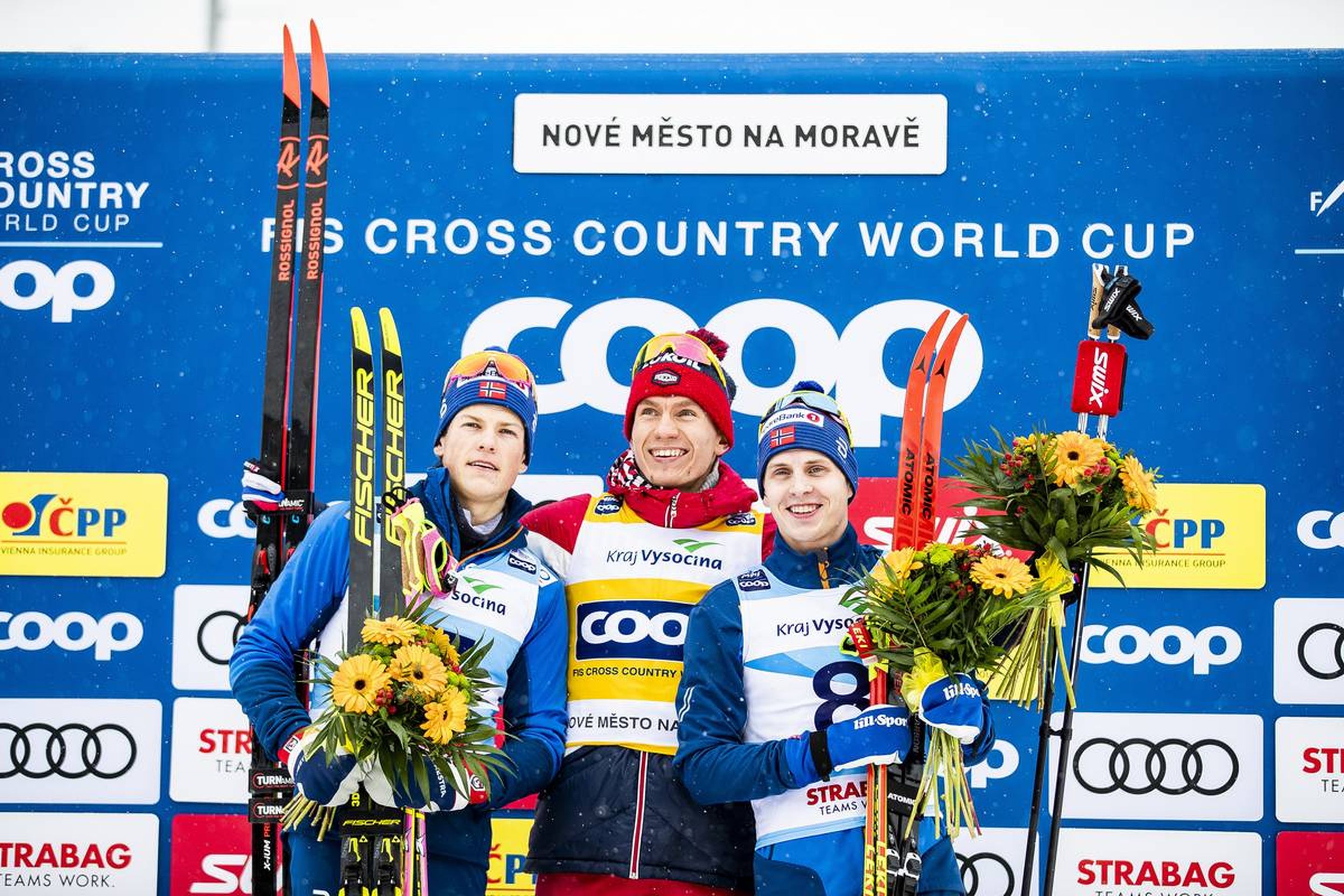 19.01.2020, Nove Mesto, Czech Republic (CZE):
Johannes Hoesflot Klaebo (NOR), Alexander Bolshunov (RUS), Simen Hegstad Krueger (NOR), (l-r)  - FIS world cup cross-country, pursuit men, Nove Mesto (CZE). www.nordicfocus.com. © Modica/NordicFocus. Every downloaded picture is fee-liable.