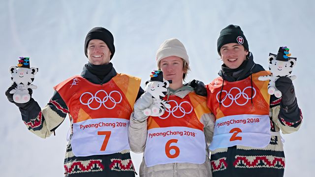 PYEONGCHANG-GUN, SOUTH KOREA - FEBRUARY 11: Max Parrot wins the silver medal, Redmond Gerard wins the gold medal, Mark Mcmorris of Canada wins the bronze medal during the Snowboarding Men's Slopestyle Finals at Pheonix Snow Park on February 11, 2018 in Pyeongchang-gun, South Korea. (Photo by Laurent Salino/Agence Zoom)