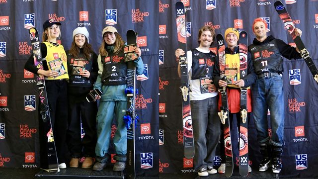 The women's and men's freeski podiums in Mammoth Mtn (USA) © Buchholz/FIS Freeski