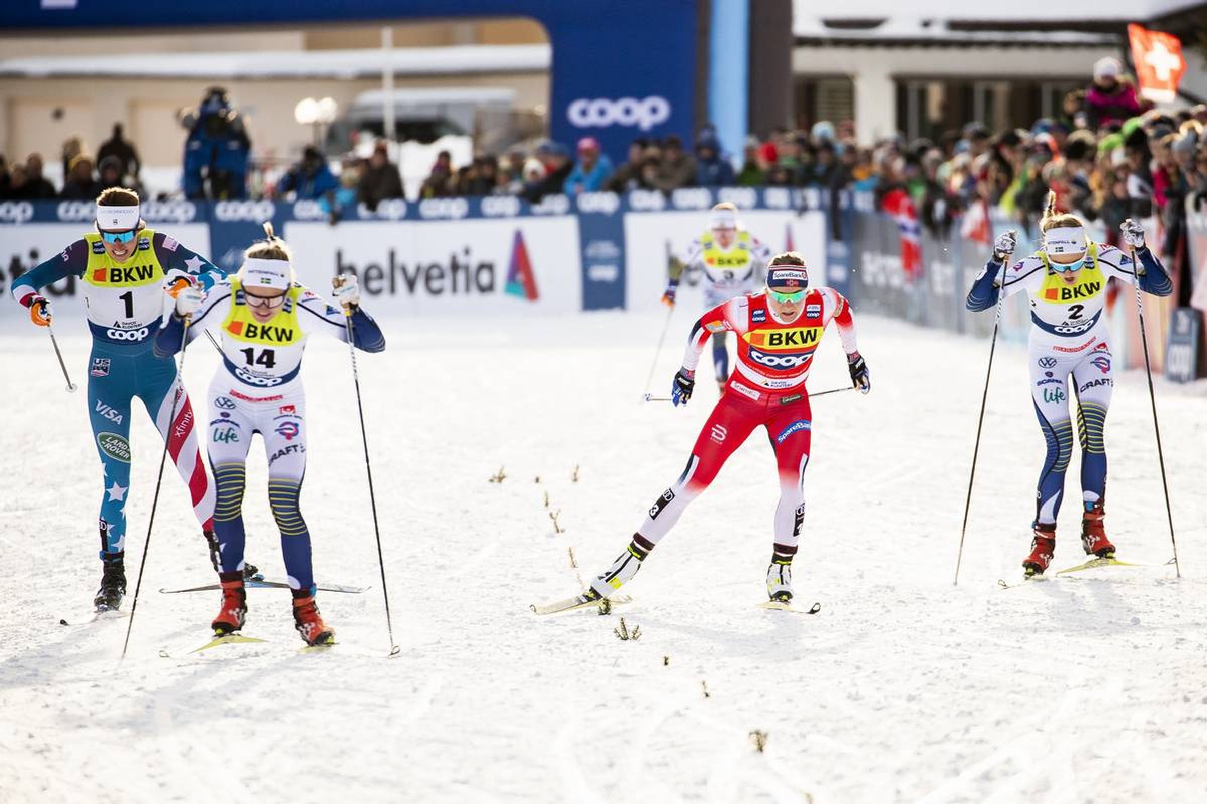 14.12.2019, Davos, Switzerland (SUI):
Sophie Caldwell (USA), Linn Svahn (SWE), Maiken Caspersen Falla (NOR), Stina Nilsson (SWE), (l-r)  - FIS world cup cross-country, individual sprint, Davos (SUI). www.nordicfocus.com. © Modica/NordicFocus. Every downloaded picture is fee-liable.
