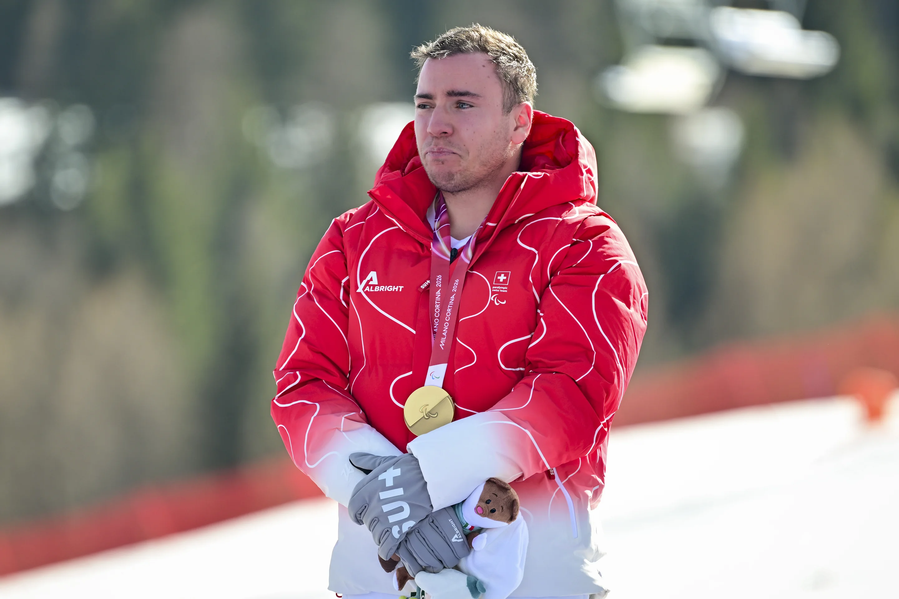 An emotional Robin Cuche (SUI) after winning his first-ever Paralympic medal