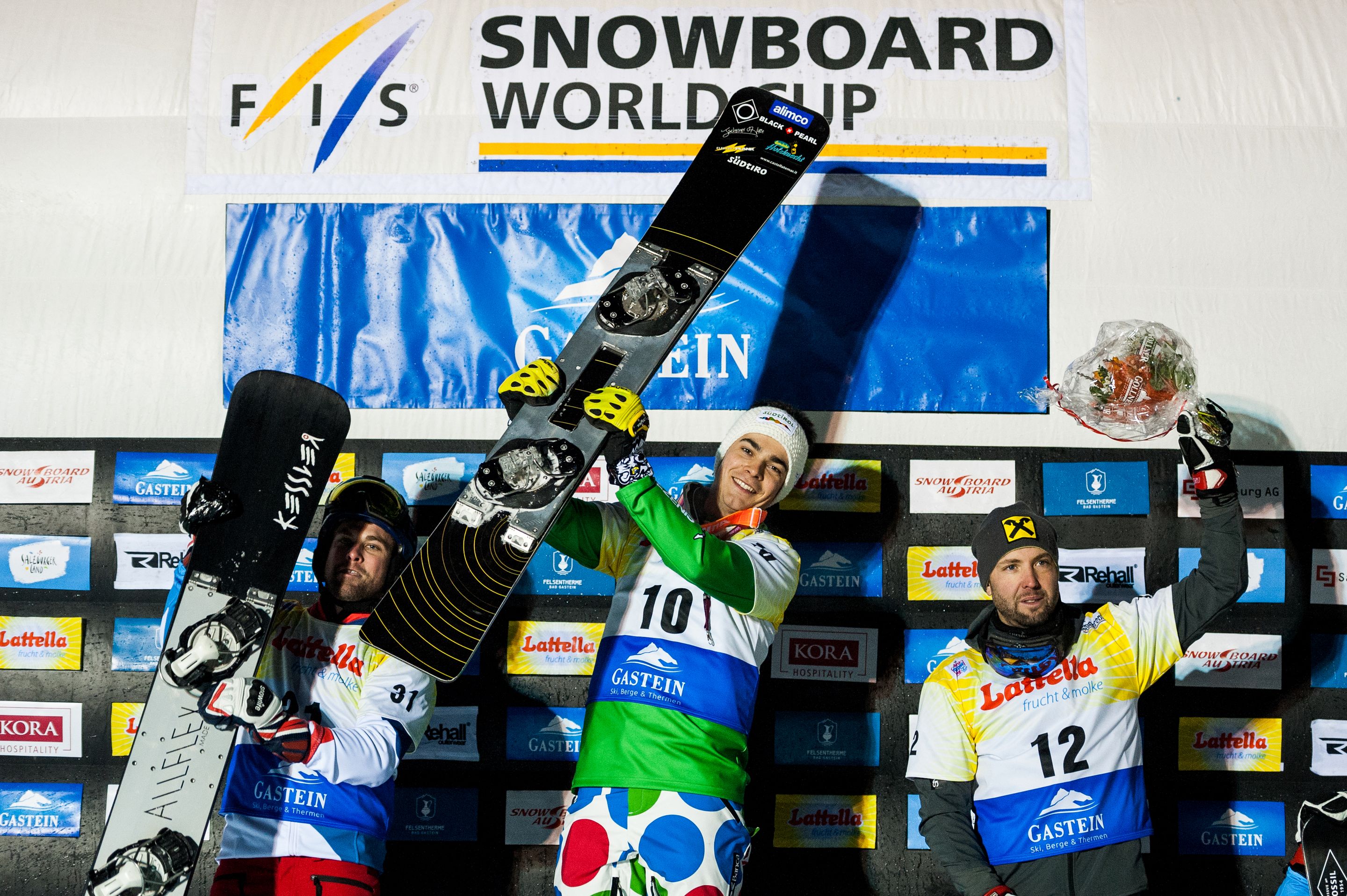 FIS Snowboard World Cup - Bad Gastein AUT - PSL - Men's podium with 2nd FLUETSCH Kaspar SUI, 1st 
MICK Christoph ITA, 3rd PROMMEGGER A. AUT © Miha Matavz