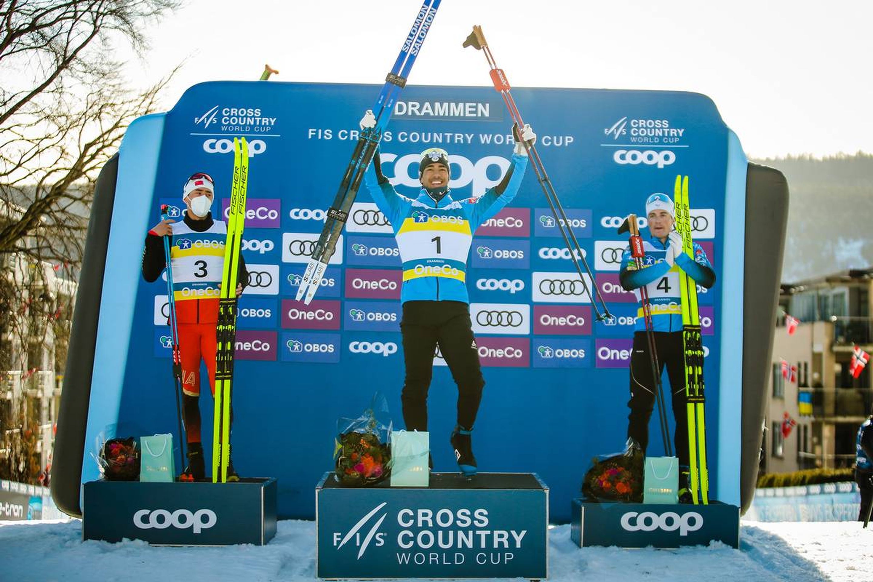 03.03.2022, Drammen, Norway (NOR):
Qiang Wang (CHN), Richard Jouve (FRA), Lucas Chanavat (FRA), (l-r) - FIS world cup cross-country, individual sprint, Drammen (NOR). www.nordicfocus.com. © Modica/NordicFocus. Every downloaded picture is fee-liable.