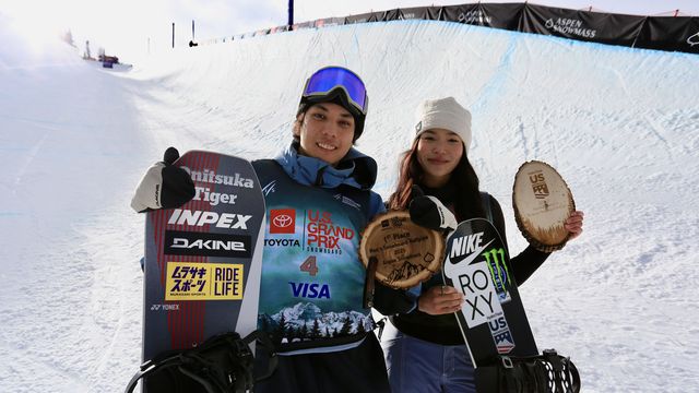 Ruka Hirano (JPN) and Chloe Kim (USA) celebrate their halfpipe victories at the U.S. Grand Prix in Aspen. Photo: @fisparkandpipe