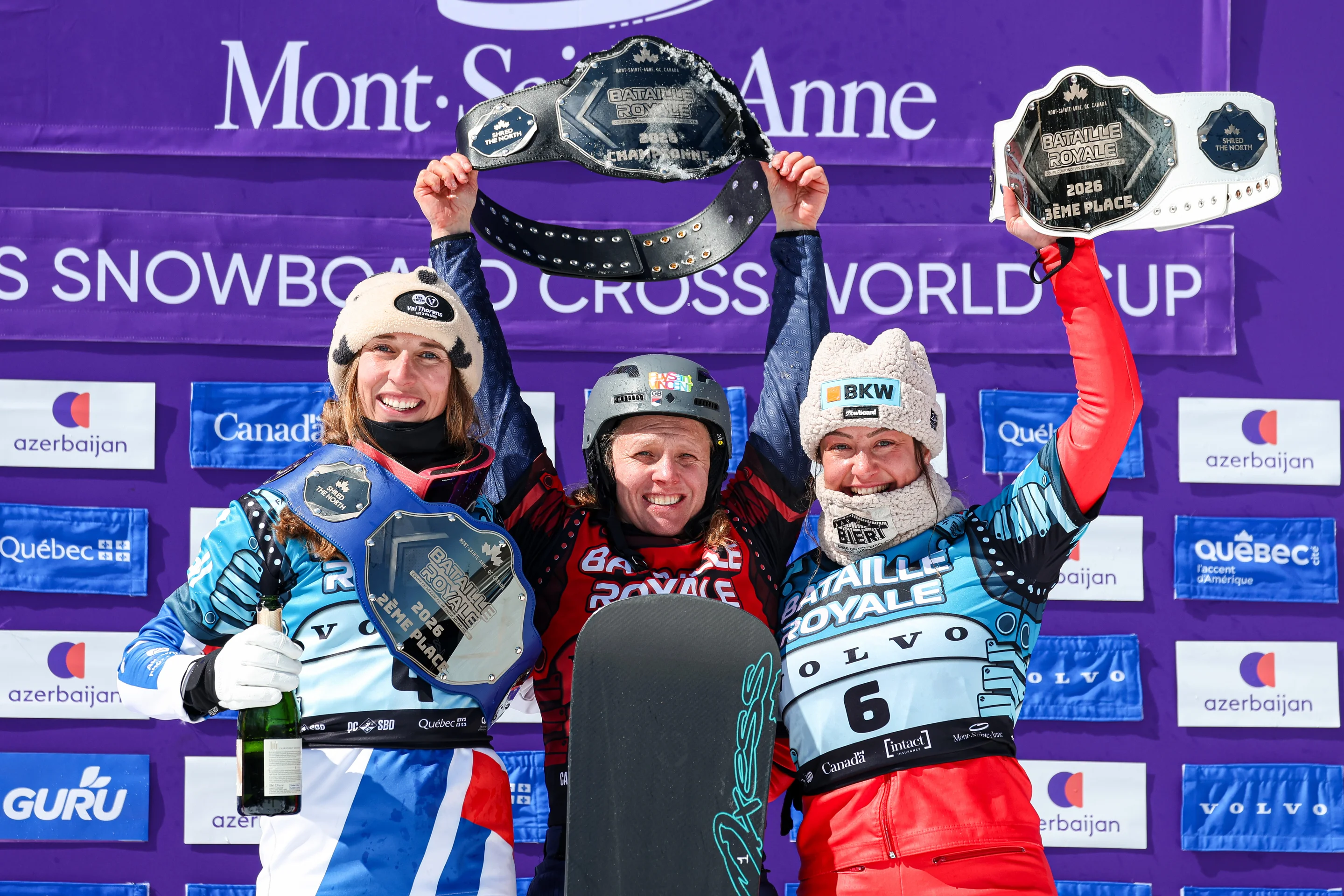 Chloe Trespeuch (FRA), Charlotte Bankes (GBR) and Sina Siegenthaler (SUI) with their prize belts on the podium