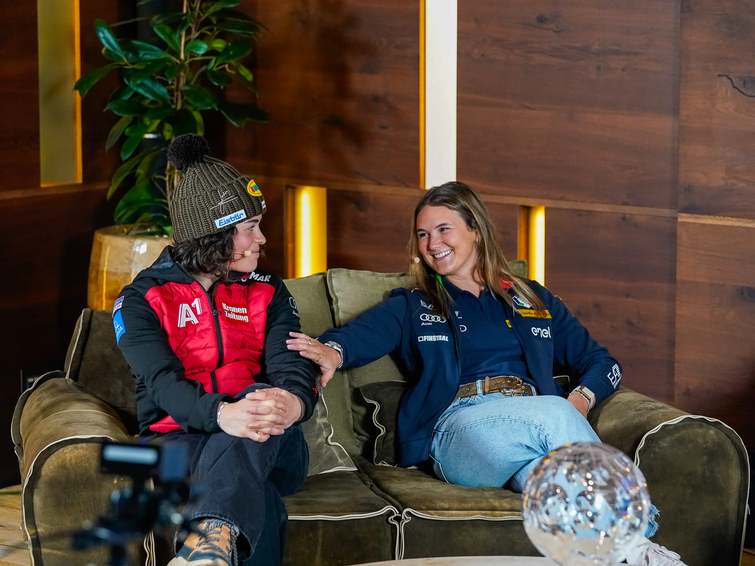 SOELDEN, AUSTRIA - OCTOBER 23: Julia Scheib of Austria and Laura Pirovano of Italy during the FIS Race Talk prior to the Audi FIS Ski World Cup on October 23, 2026 in Soelden, Austria. (Photo by Michel Cottin/AgenceZoom/FIS)