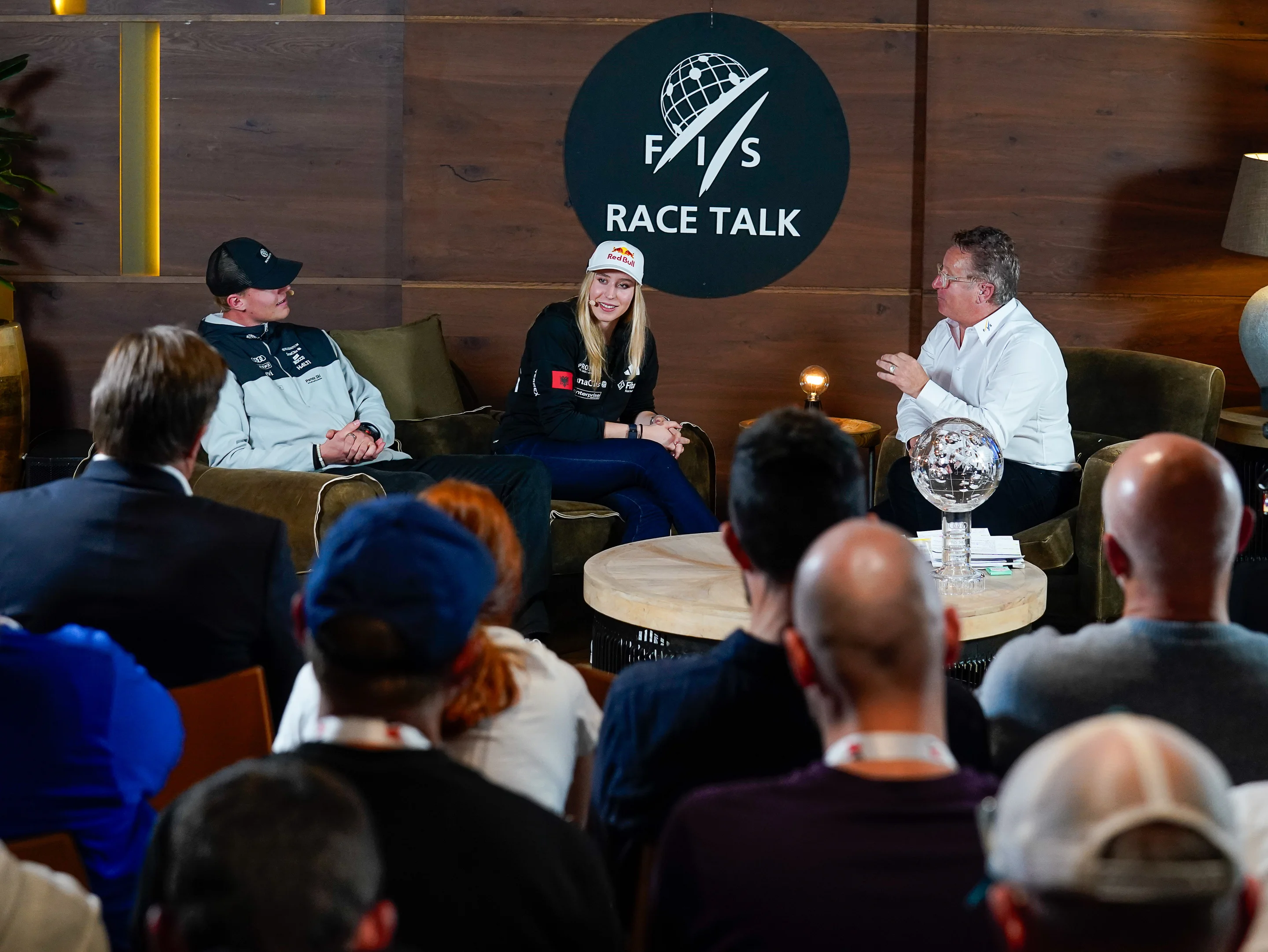 SOELDEN, AUSTRIA - OCTOBER 23: Lara Colturi of Albania and Eduard Hallberg of Finland during the FIS Race Talk prior to the Audi FIS Ski World Cup on October 23, 2026 in Soelden, Austria. (Photo by Michel Cottin/AgenceZoom/FIS)