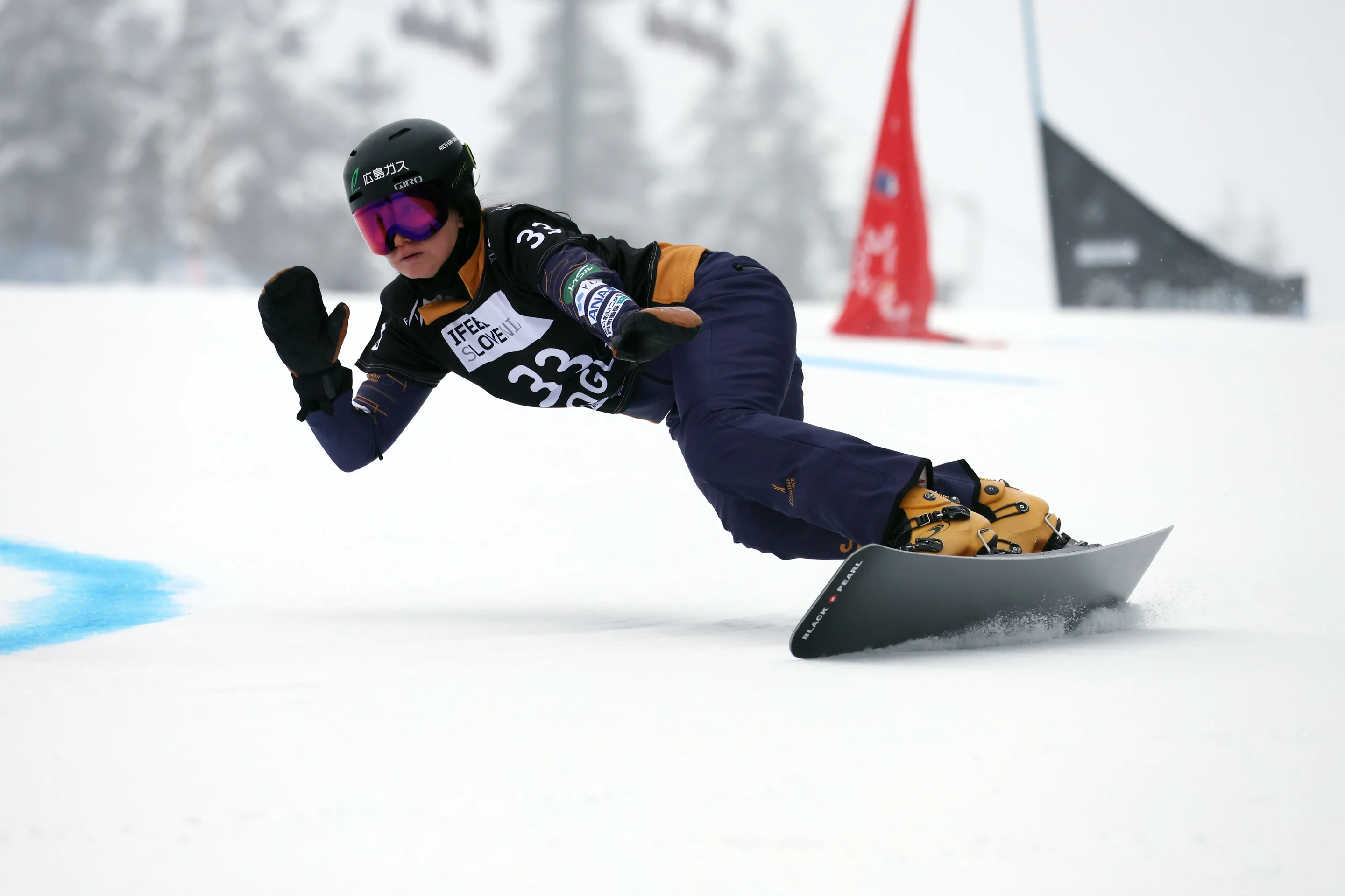 Snowboarder in a black outfit and helmet, leaning sharply while carving on a snowy slope, with red flags and trees blurred in the background.