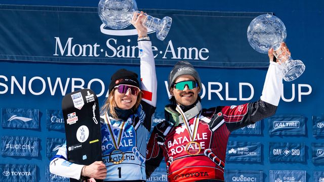 Chloe Trespeuch (FRA) and Eliot Grondin (CAN) lift the 2023-24 crystal globes