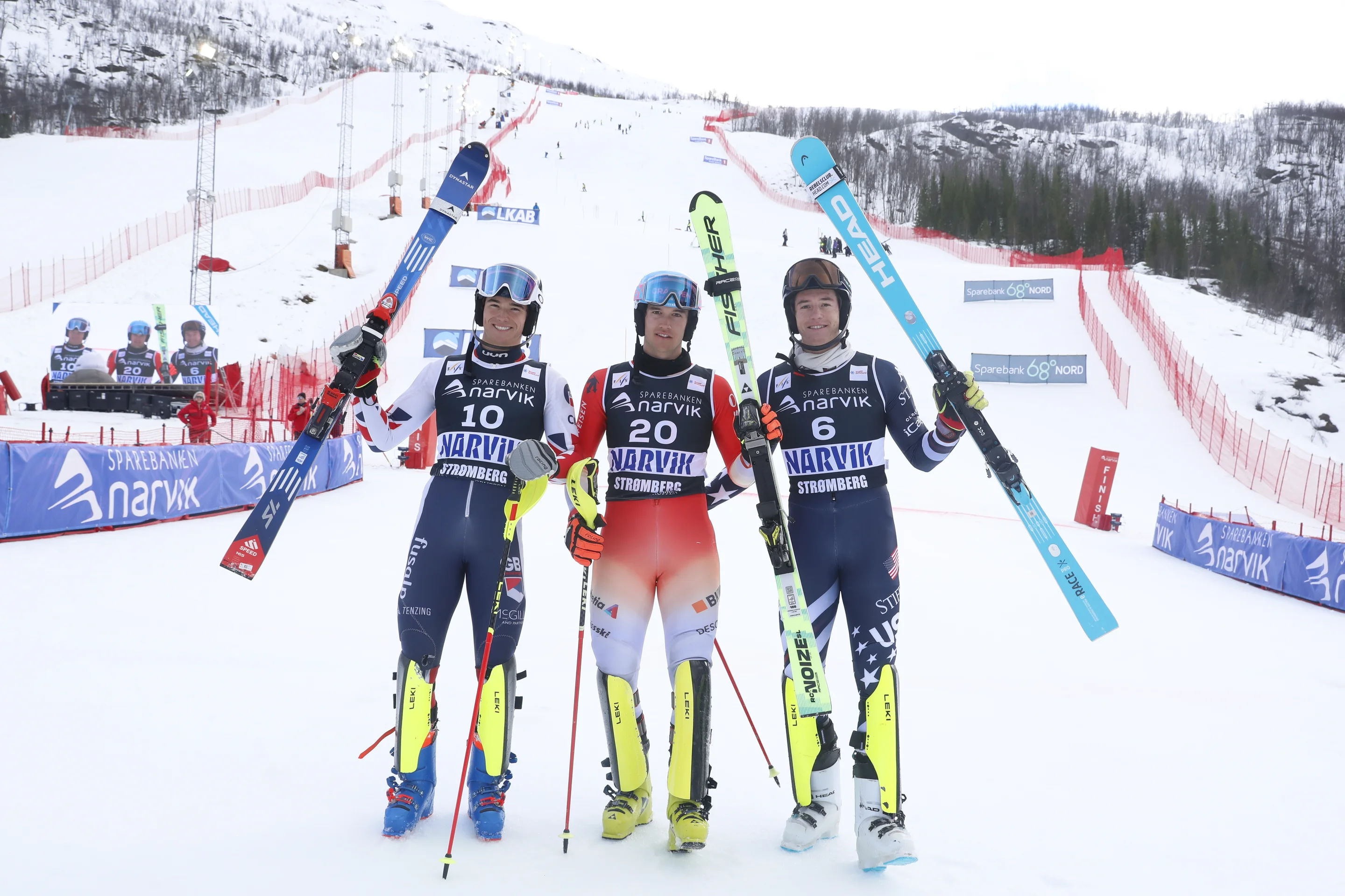 Medal mates: FIS Alpine Junior World Ski Championships Slalom winner Giuliano Fux (SUI) centre is joined by runner-up Freddy Carrick-Smith (GBR) left and USA's Maximilien Hoder, right, who took bronze. Photo credit: FIS/ActionPress