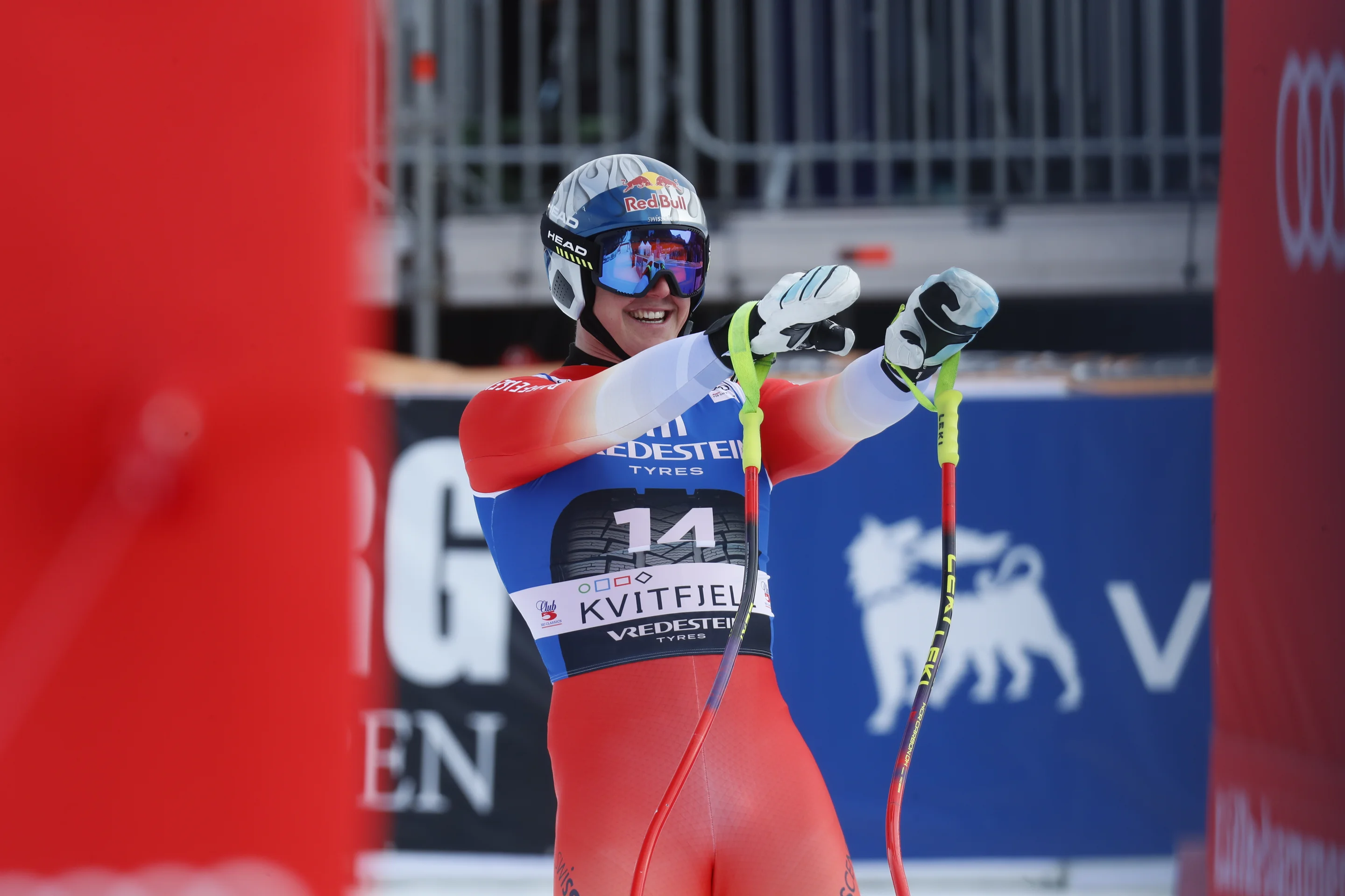 Franjo von Allmen (SUI/Head) reacts after moving into second position in Saturday's Downhill in Kvitfjell. ©FIS/ActionPress/Marius Gulliksrud
