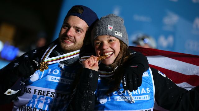 Jonathon Lillis and Ashley Caldwell proudly swept gold in aerials at the 2017 FIS Freestyle & Snowboard World Championships in Sierra Nevada, Spain. Photo: Laurent Salino/Agence Zoom