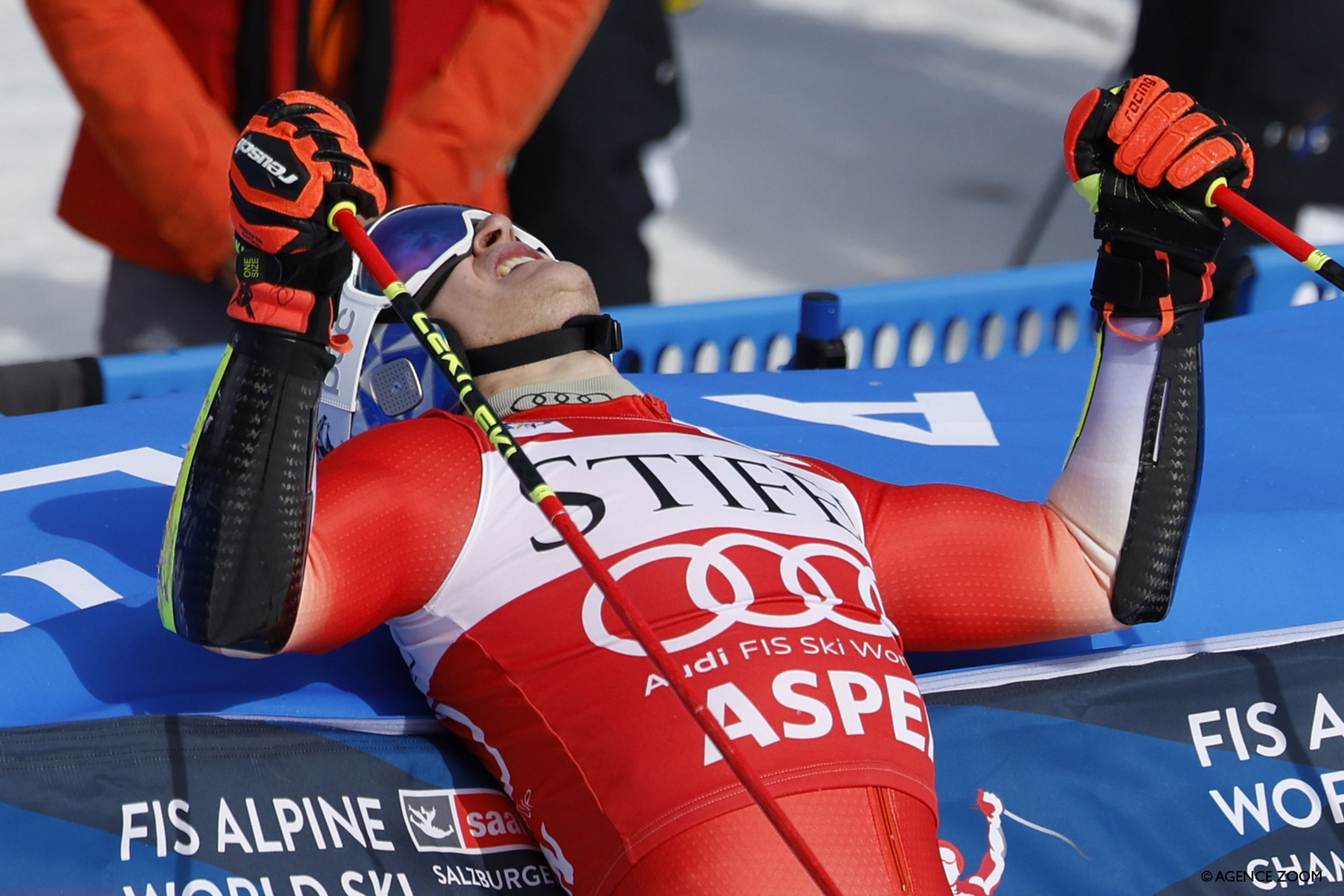 Marco Odermatt (SUI) celebrates after his win was confirmed (Agence Zoom)