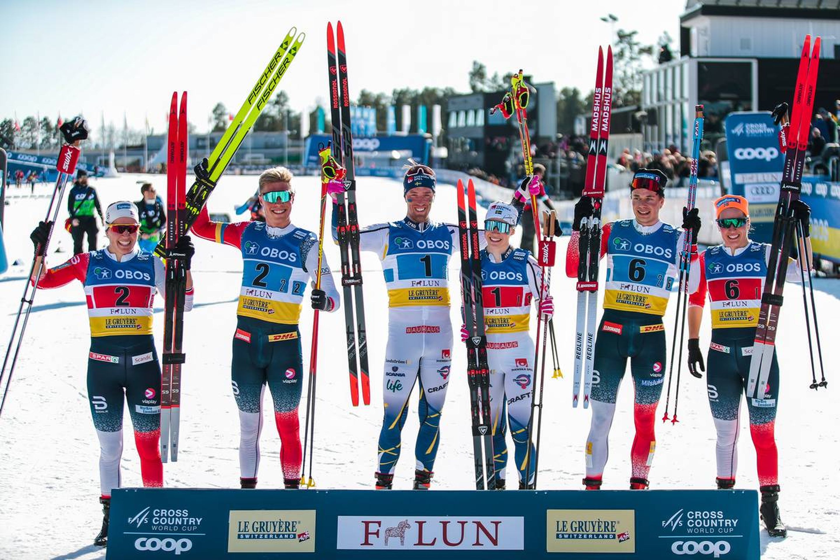 13.03.2022, Falun, Sweden (SWE):
Tiril Udnes Weng (NOR), Martin Loewstroem Nyenget (NOR), Jonna Sundling (SWE), Calle Halfvarsson (SWE), Lotta Udnes Weng (NOR), Harald Oestberg Amundsen (NOR), (l-r) - FIS world cup cross-country, mixed team sprint, Falun (SWE). www.nordicfocus.com. © Modica/NordicFocus. Every downloaded picture is fee-liable.