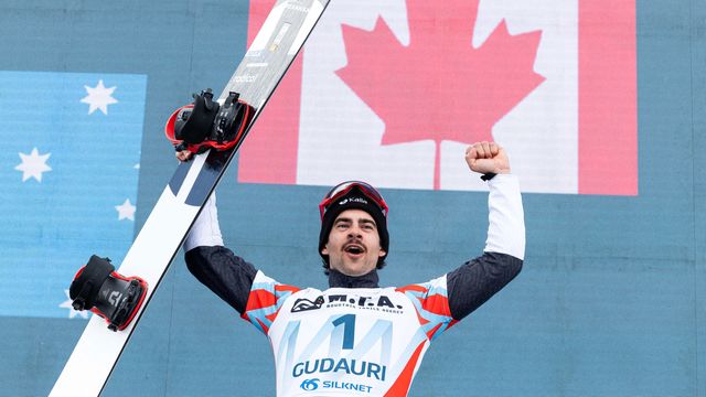 Grondin celebrates victory in Gudauri. Photo: © Miha Matavz/FIS