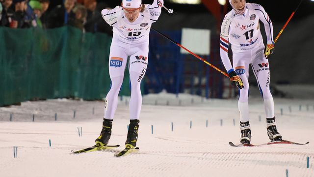 Norway’s Mikko Kokslien, left, surges toward the finish line Friday just ahead of teammate Truls Soenstehagen Johansen on Friday in a Continental Cup Nordic combined event in Steamboat Springs. Kokslien finished the race in first with Johansen in second.