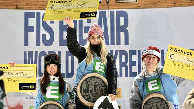 Runner-up Reira Iwabuchi (JPN), winner Anna Gasser (AUT), third place Mia Brookes (GBR) on the Big Air Kreischberg podium. Photo @fisparkandpipe