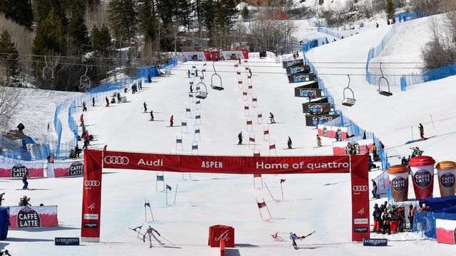 ASPEN, USA - MARCH 17: Luca Aerni of Switzerland, Stefan Luitz of Germany compete during the Audi FIS Alpine Ski World Cup Finals Nation Team Event on March 17, 2017 in Aspen, USA (Photo by Francis Bompard/Agence Zoom)