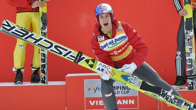 Gregor Schlierenzauer celebrating his record 47th World Cup win in Harrachov 2013