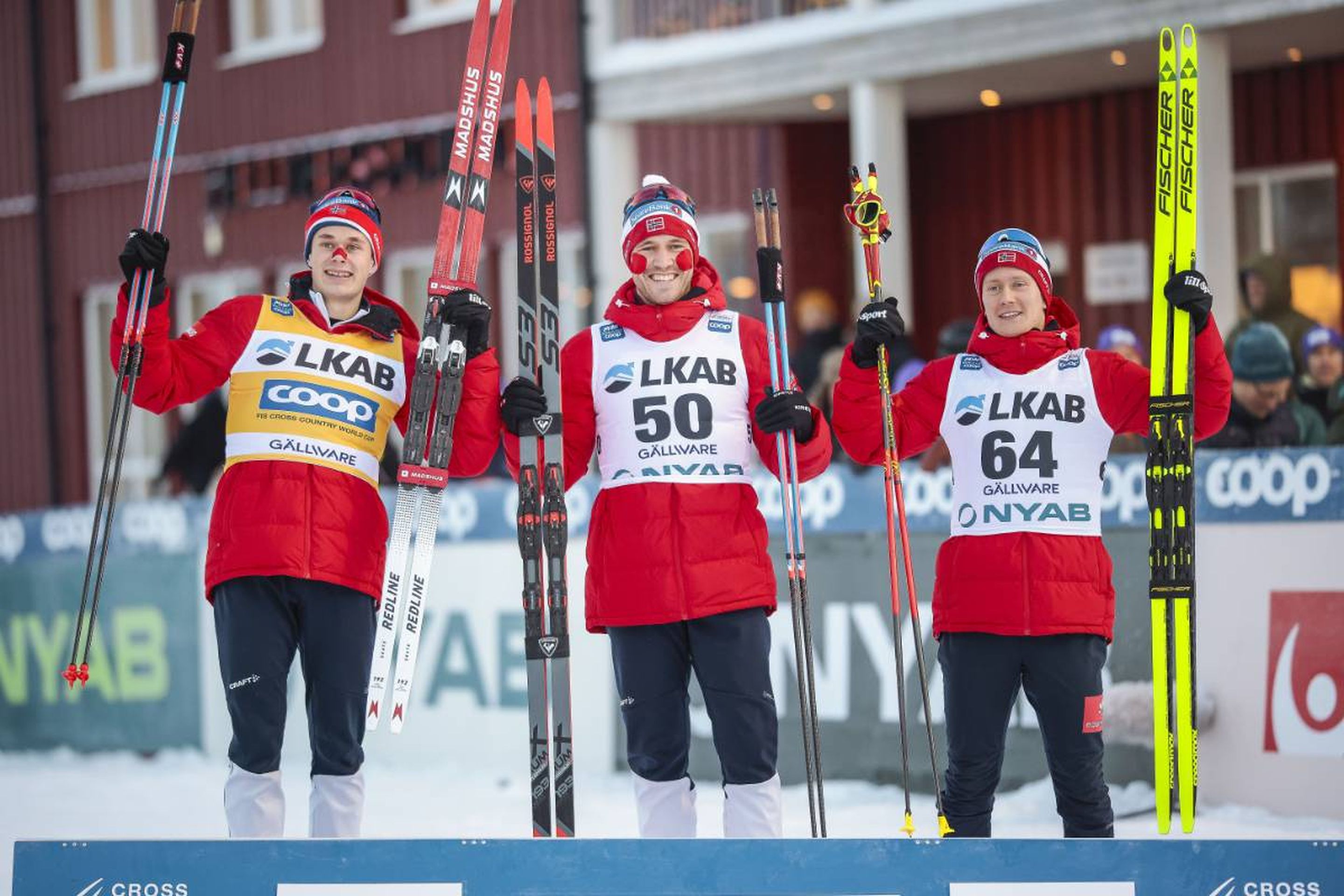 A Norwegian clean sweep in Sweden: Harald Oestberg Amundsen (left), Paal Golberg (middle) and Iver Tildheim Andersen (right) on the Gaellivare podium after the men's 10km free © NordicFocus