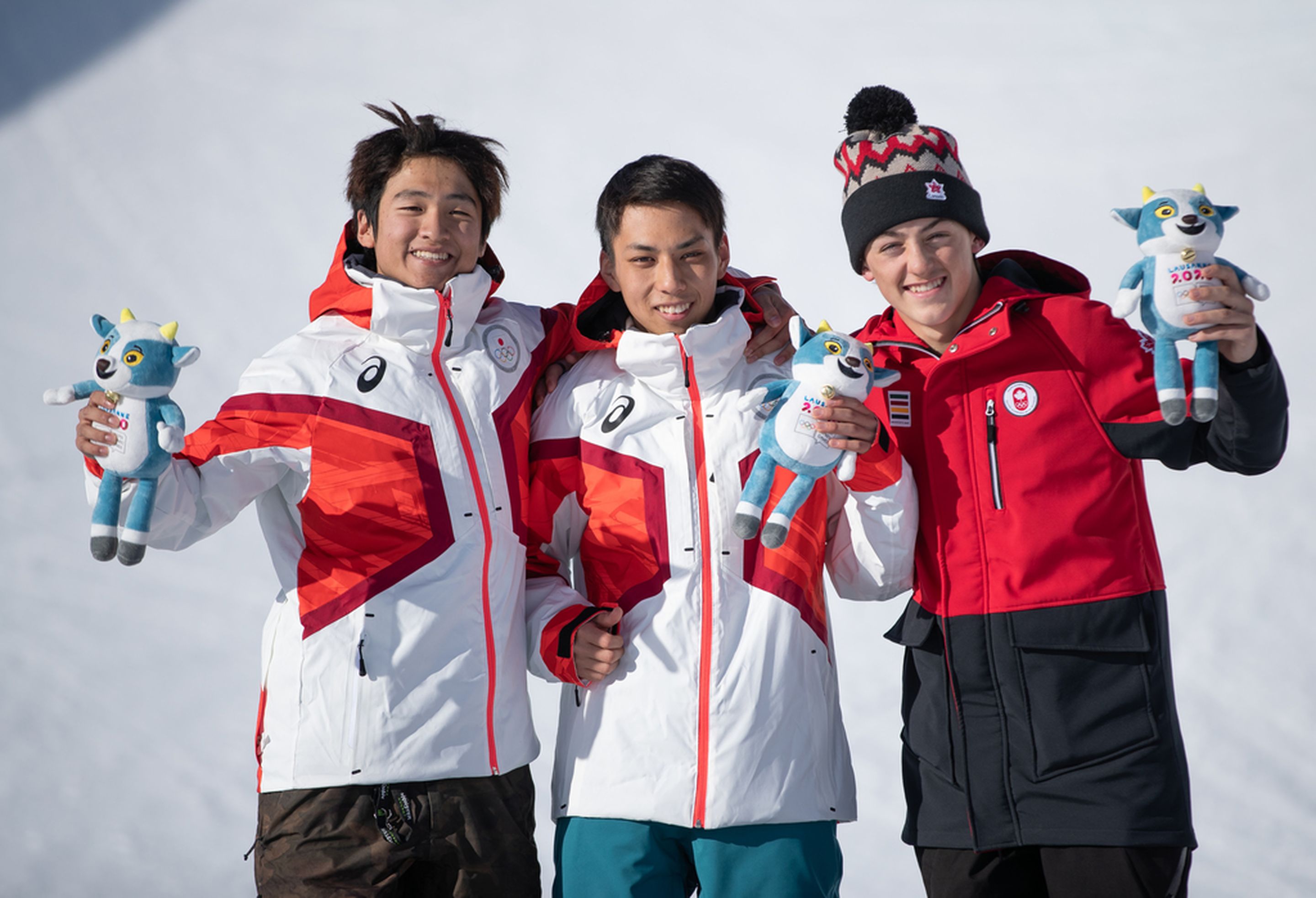 Men's halfpipe podium: 2nd Kaishu Hirano (JPN), 1st Ruka Hirano (JPN), 3rd Liam Brearley (CAN)