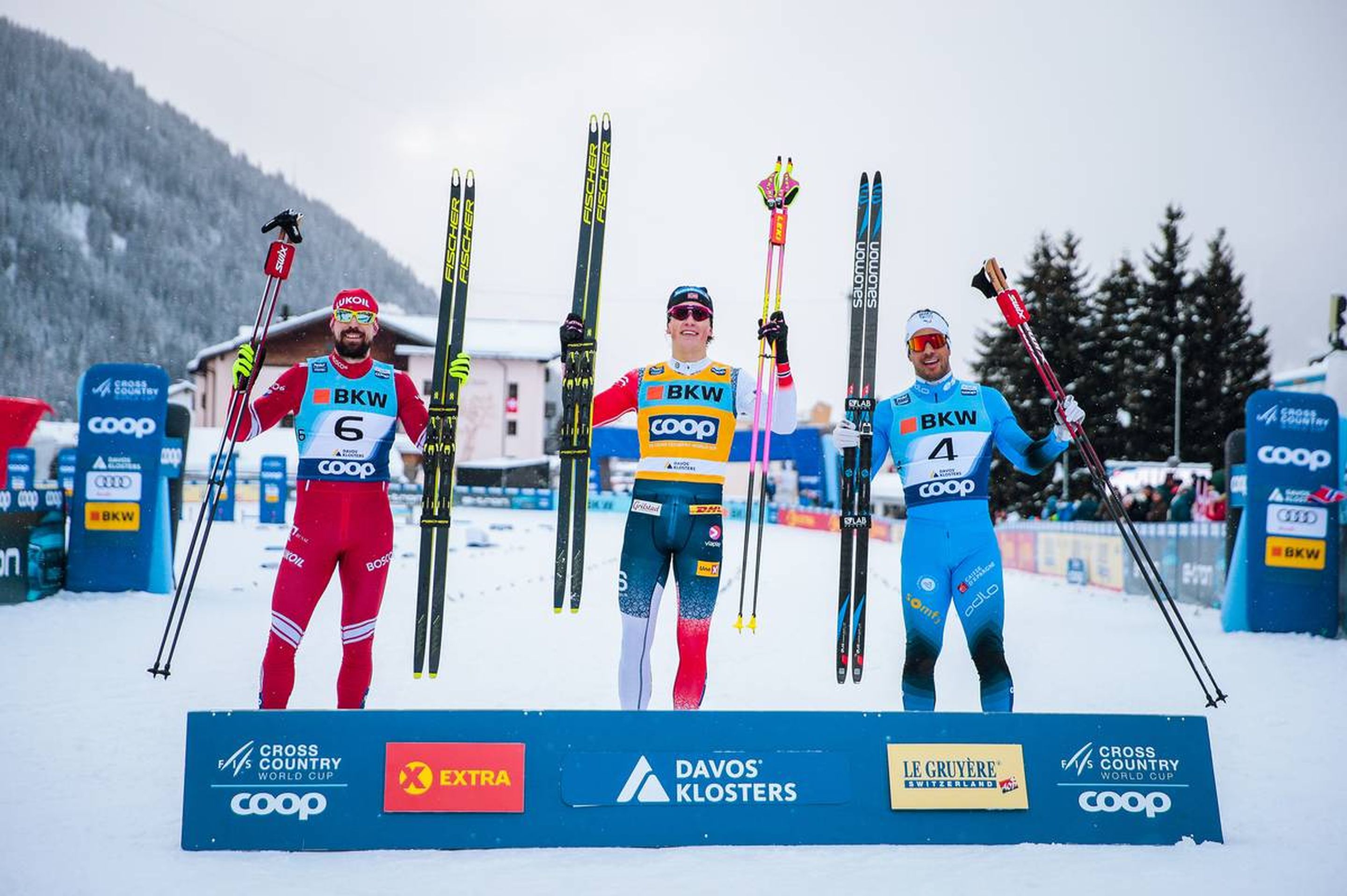 11.12.2021, Davos, Switzerland (SUI):
Sergey Hustiugov (RUS), Johannes Klaebo (NOR), Richard Jouve (FRA), (l-r) - FIS world cup cross-country, individual sprint, Davos (SUI). www.nordicfocus.com. © Modica/NordicFocus. Every downloaded picture is fee-liable.