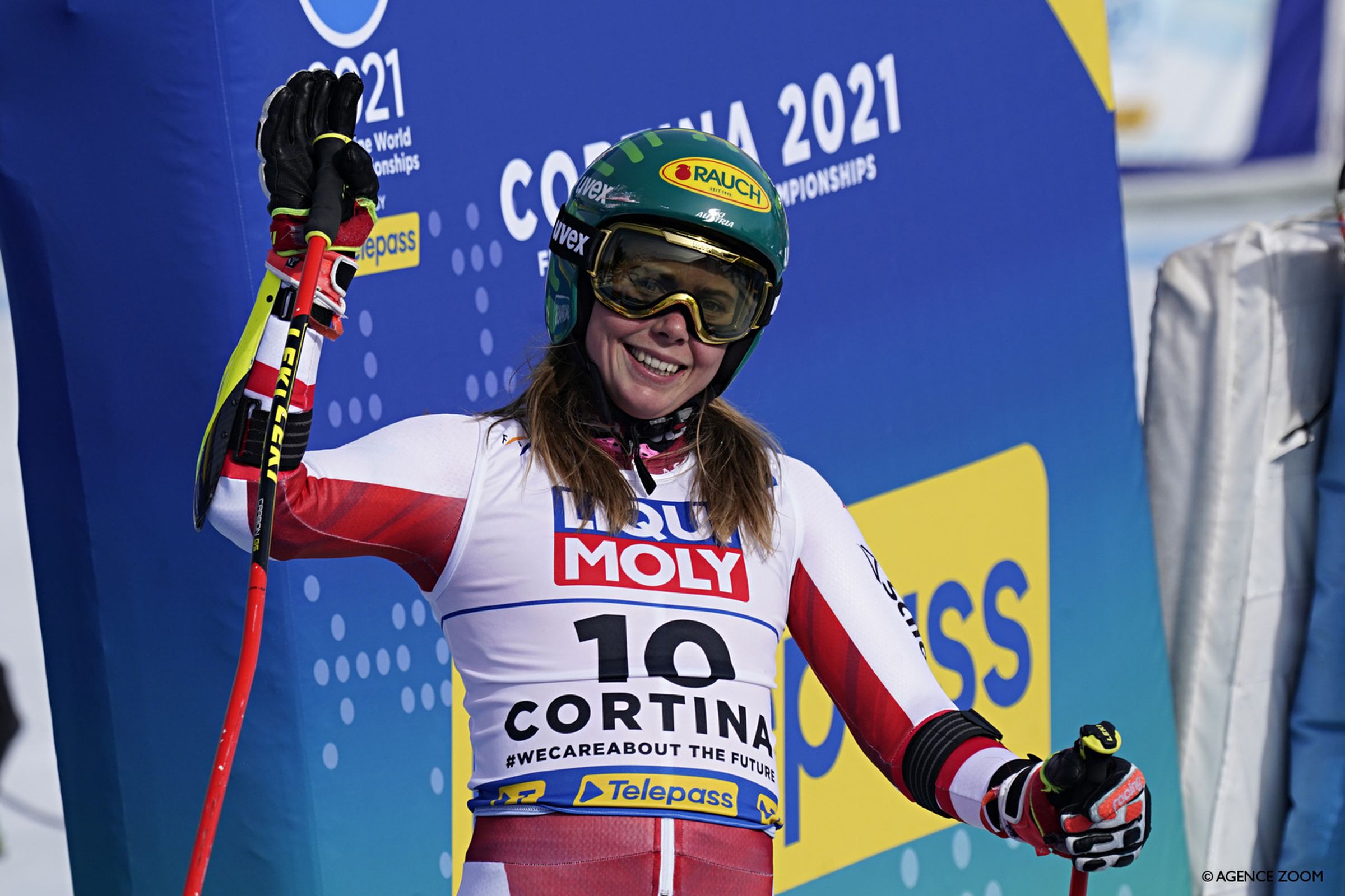 CORTINA D'AMPEZZO, ITALY - FEBRUARY 18 : Katharina Liensberger of Austria wins the bronze medal during the FIS Alpine Ski World Championships Women's Giant Slalom on February 18, 2021 in Cortina d'Ampezzo Italy. (Photo by Francis Bompard/Agence Zoom)