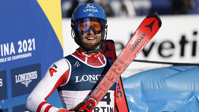 CORTINA D'AMPEZZO, ITALY - FEBRUARY 15 : Marco Schwarz of Austria celebrates during the FIS Alpine Ski World Championships Men's Alpine Combined on February 15, 2021 in Cortina d'Ampezzo Italy. (Photo by Alexis Boichard/Agence Zoom)