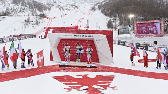 VAL-D'ISERE, FRANCE - DECEMBER 09: Stefan Luitz of Germany takes 2nd place, Alexis Pinturault of France takes 1st place, Marcel Hirscher of Austria takes 3rd place during the Audi FIS Alpine Ski World Cup Men's Giant Slalom on December 9, 2017 in Val-d'Isere, France. (Photo by Michel Cottin/Agence Zoom)