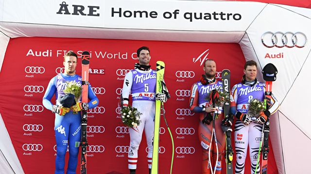ARE, SWEDEN - MARCH 15: Christof Innerhofer of Italy takes 2nd place, Vincent Kriechmayr of Austria takes 1st place, Aksel Lund Svindal of Norway takes 3rd place, Thomas Dressen of Germany takes 3rd place during the Audi FIS Alpine Ski World Cup Finals Men's and Women's Super G on March 15, 2018 in Are, Sweden. (Photo by Alain Grosclaude/Agence Zoom)