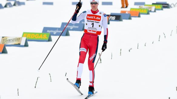 Simen Tiller celebrates his second Continental Cup victory in Klingenthal