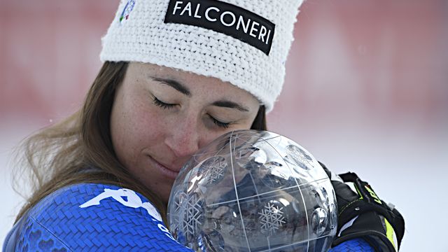 ARE, SWEDEN - MARCH 14: Sofia Goggia of Italy wins the globe in the women downhill standing during the Audi FIS Alpine Ski World Cup Finals Men's and Women's Downhill on March 14, 2018 in Are, Sweden. (Photo by Alain Grosclaude/Agence Zoom)