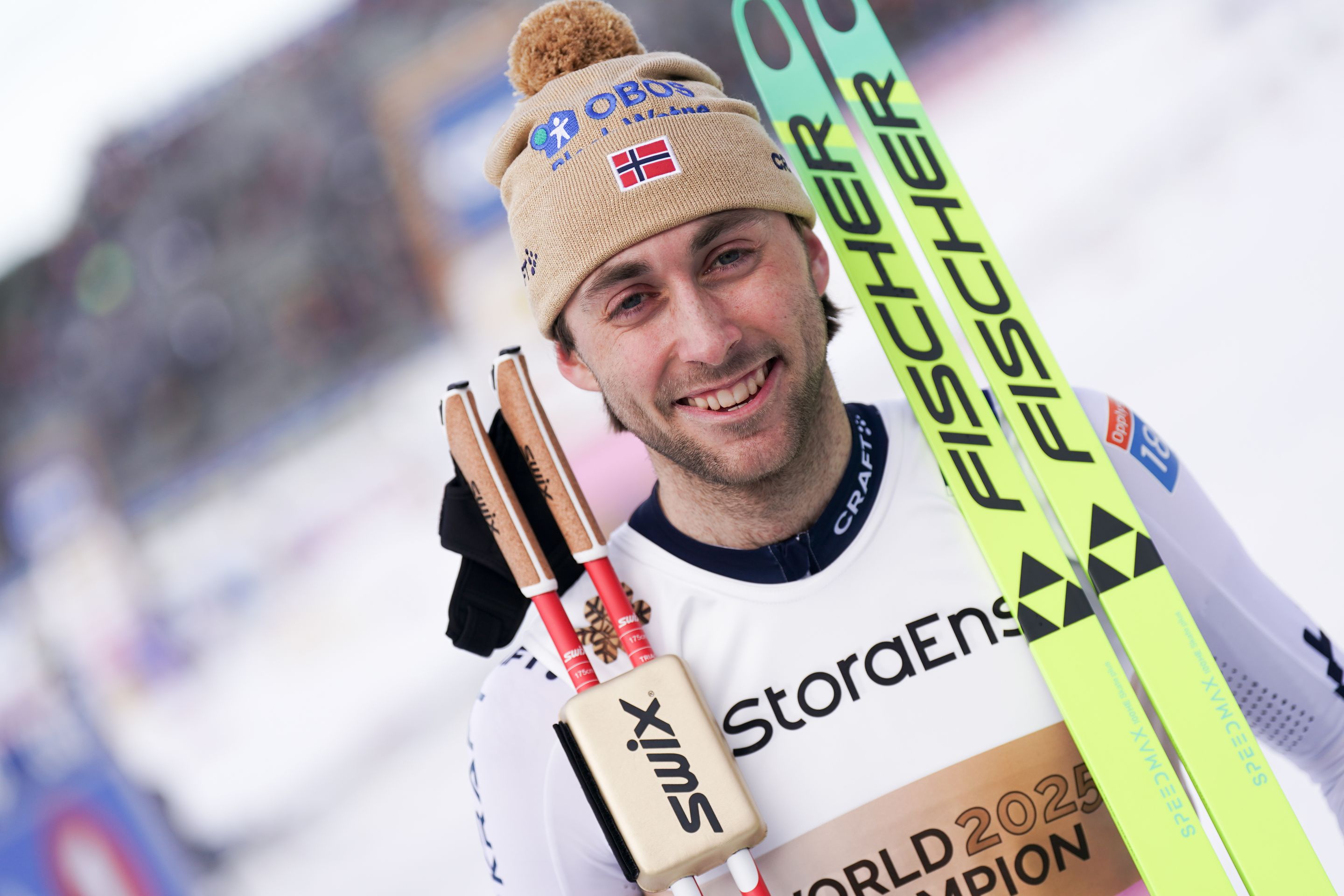 Riiber is all smiles after winning his third gold medal of these world championships. © Thibaut/NordicFocus