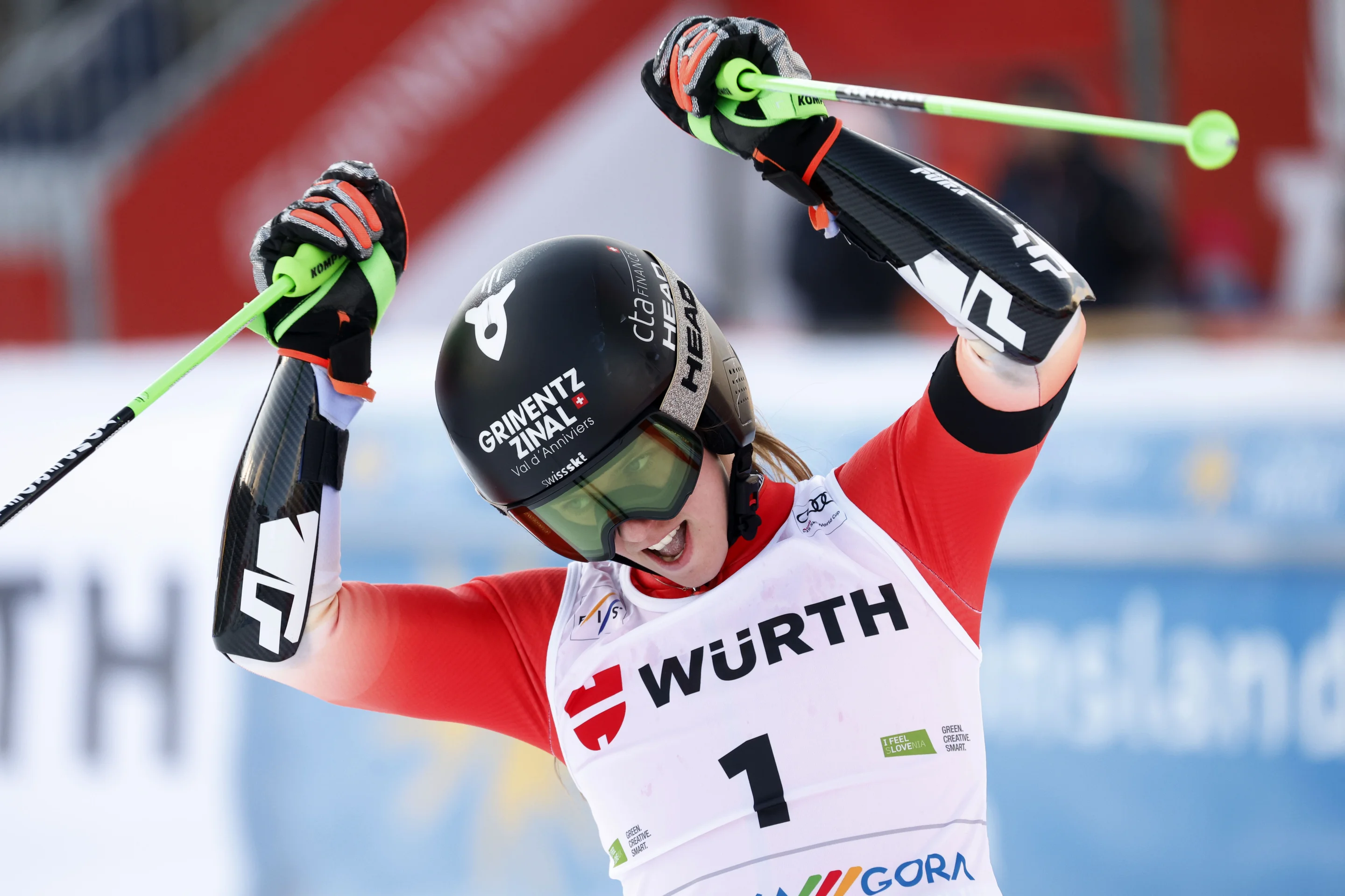 Camille Rast (SUI/Head) celebrates winning a World Cup Giant Slalom race in Kranjska Gora, Slovenia, in January 2026. ©FIS/ActionPress/Simon Hausberger