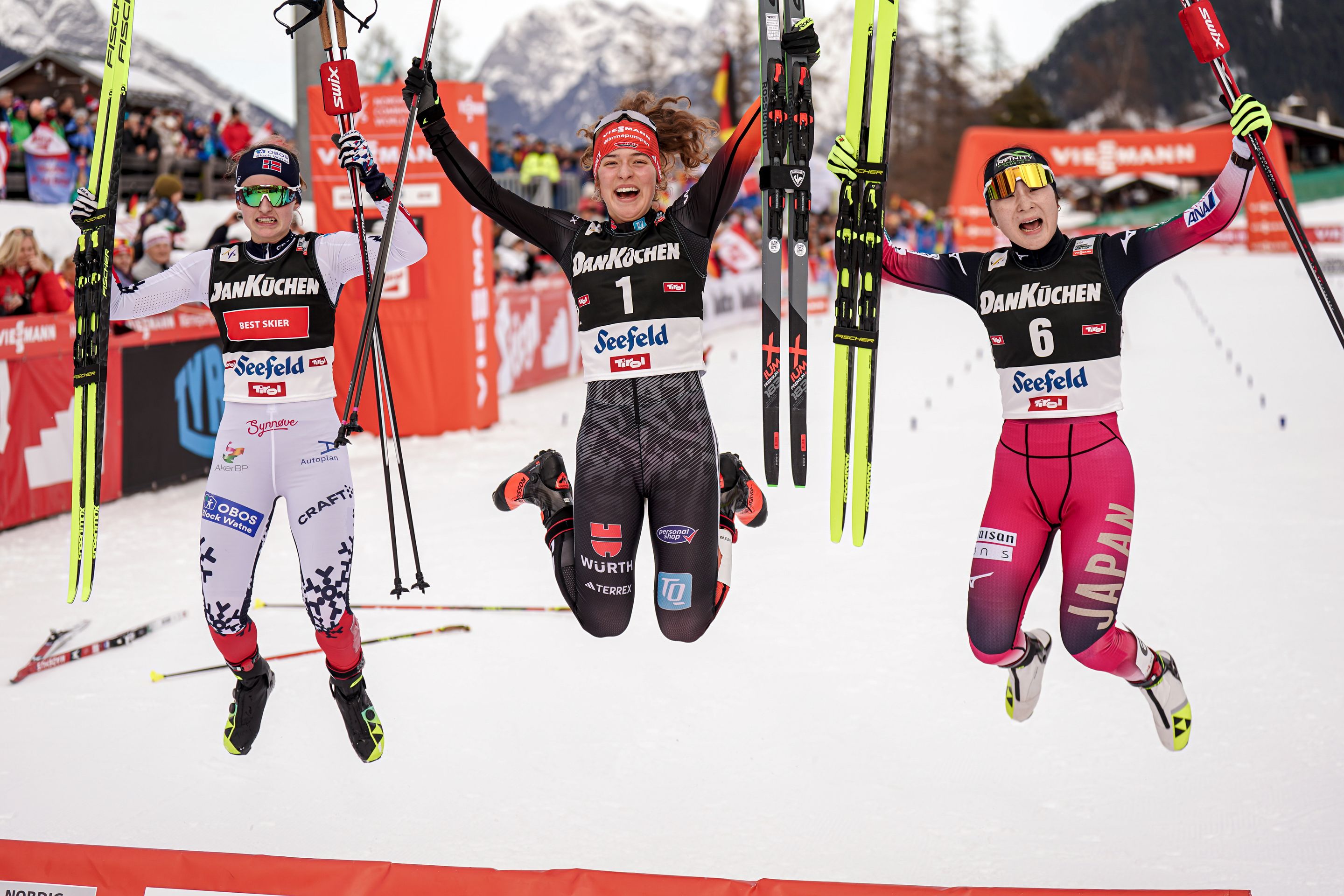 The podium jumping for joy after Saturday's race. © Thibaut/NordicFocus