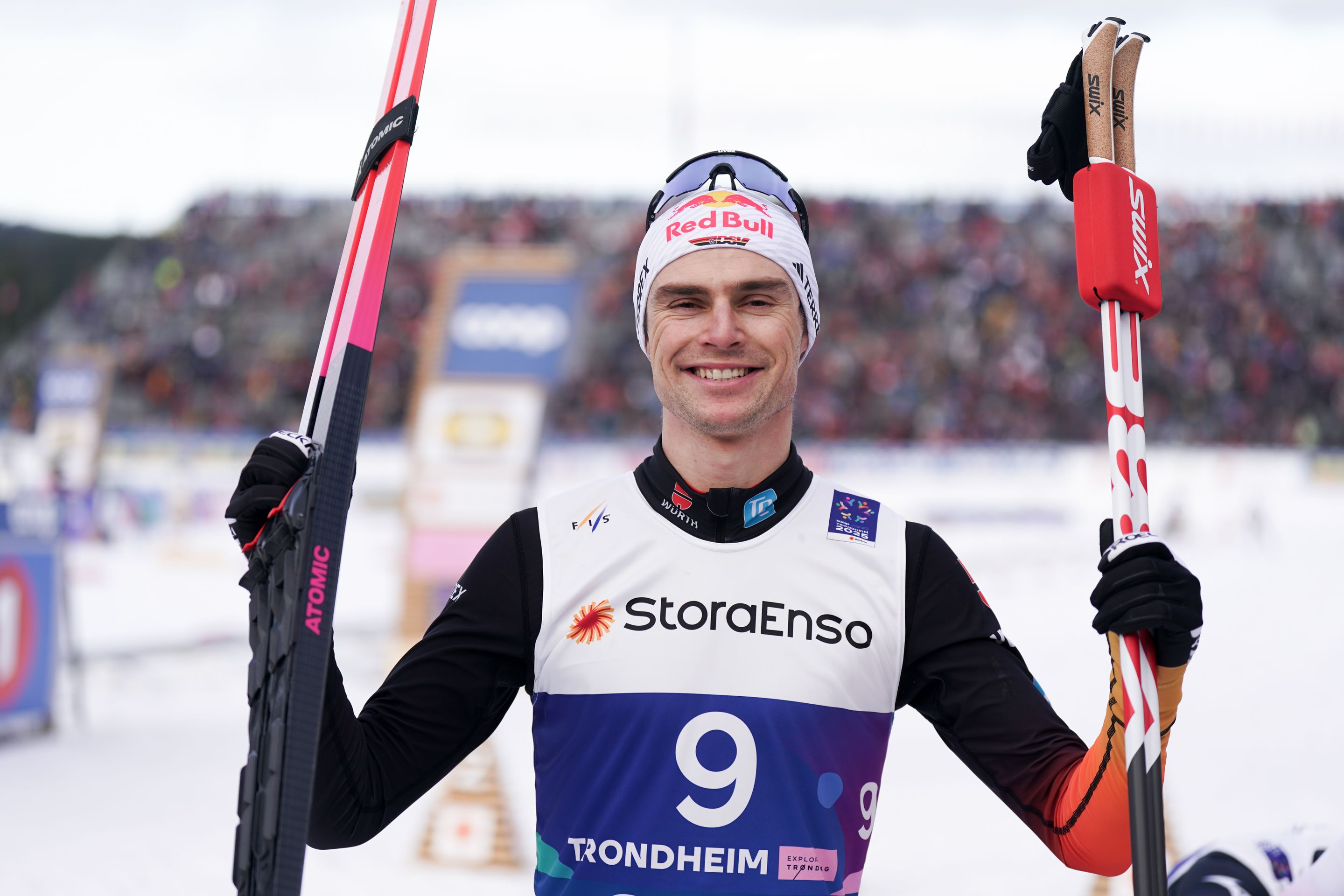 Vinzenz Geiger (GER) after finishing third to complete his four-medal haul from Trondheim 2025. © Thibaut/NordicFocus