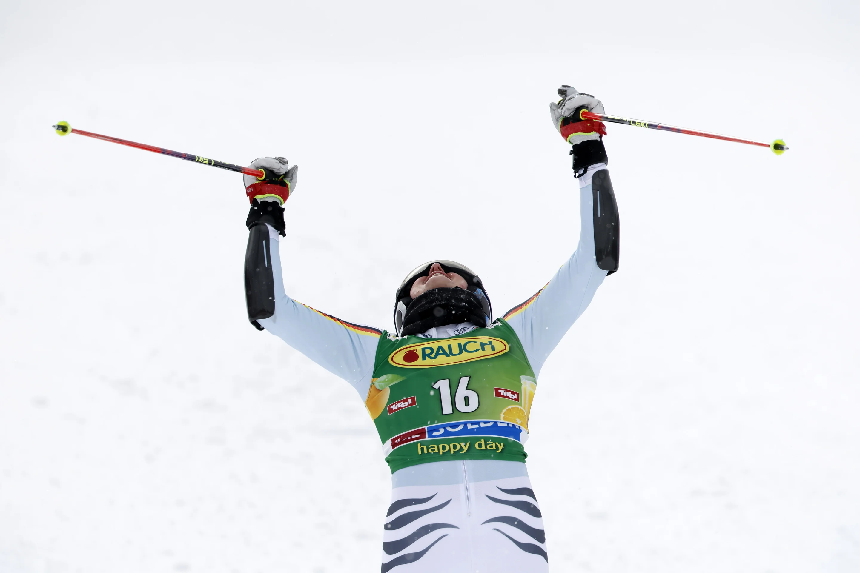 Emma Aicher (GER/Head) shows rare emotion after skiing into the lead in the second run on Saturday. She held on for third place and her first World Cup Giant Slalom podium. ©Alexis Boichard/AgenceZoom/FIS
