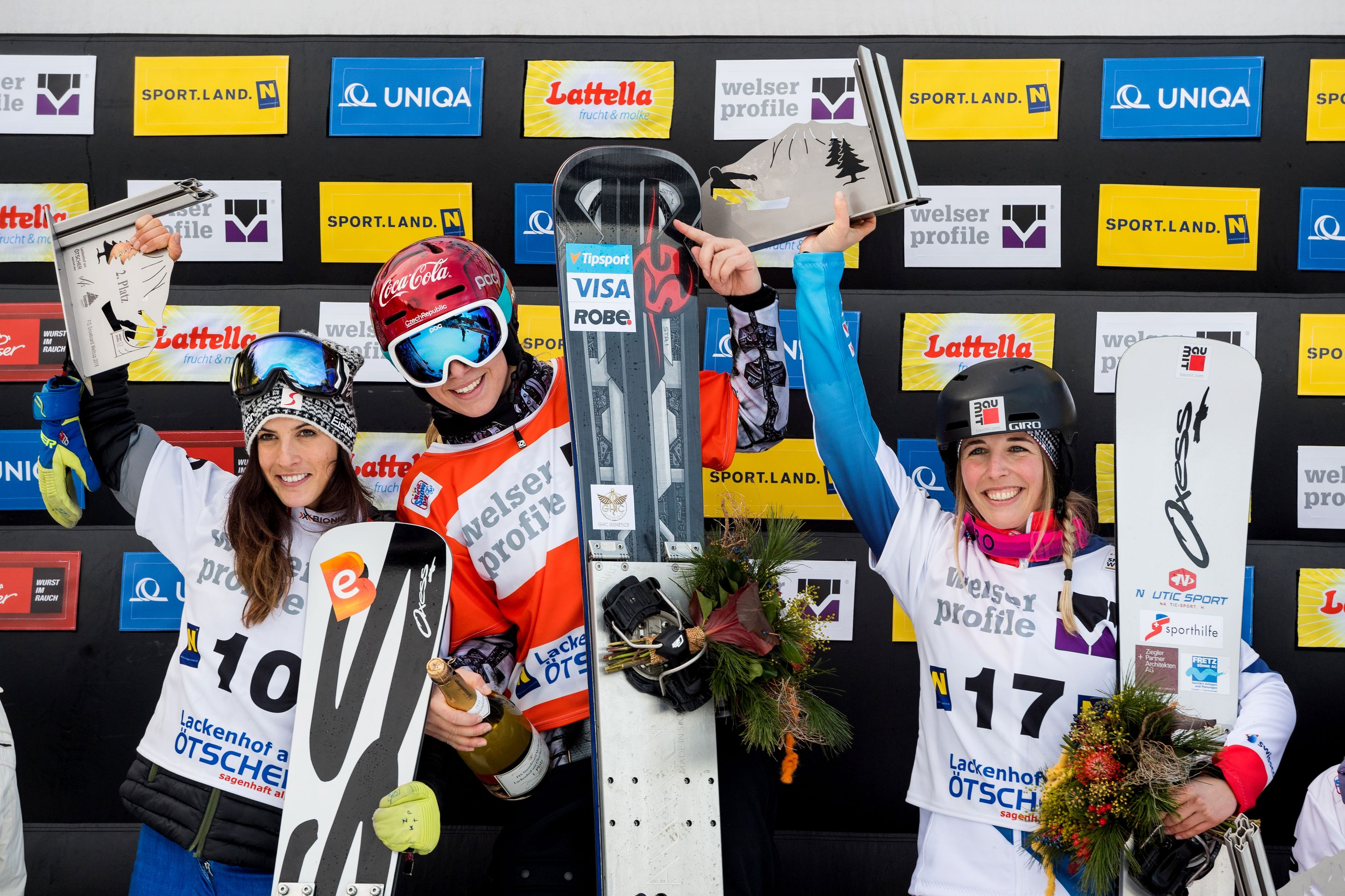 FIS Snowboard World Cup - Lackenhof AUT - PGS - Women's podium with 2nd DUJMOVITS Julia AUT, 1st LEDECKA Ester CZE and 3rd JENNY Ladina SUI © Miha Matavz/FIS
