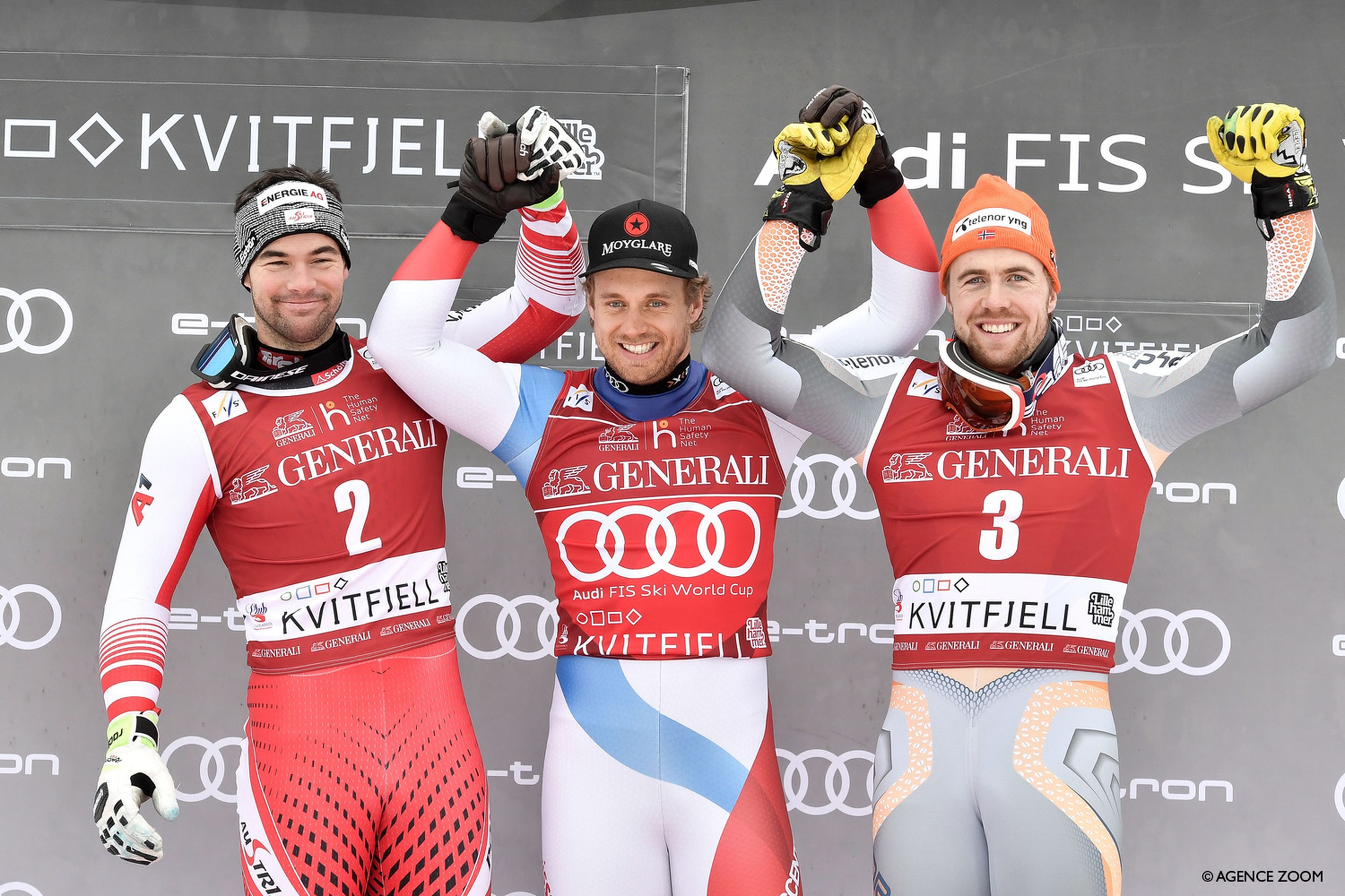 KVITJELL, NORWAY - MARCH 8: Vincent Kriechmayr of Austria takes 2nd place in the overall standings, Mauro Caviezel of Switzerland takes 1st place in the overall standings, Aleksander Aamodt Kilde of Norway takes 3rd place in the overall standings during the Audi FIS Alpine Ski World Cup Men's Super G on March 8, 2020 in Kvitjell Norway. (Photo by Jonas Ericsson/Agence Zoom)