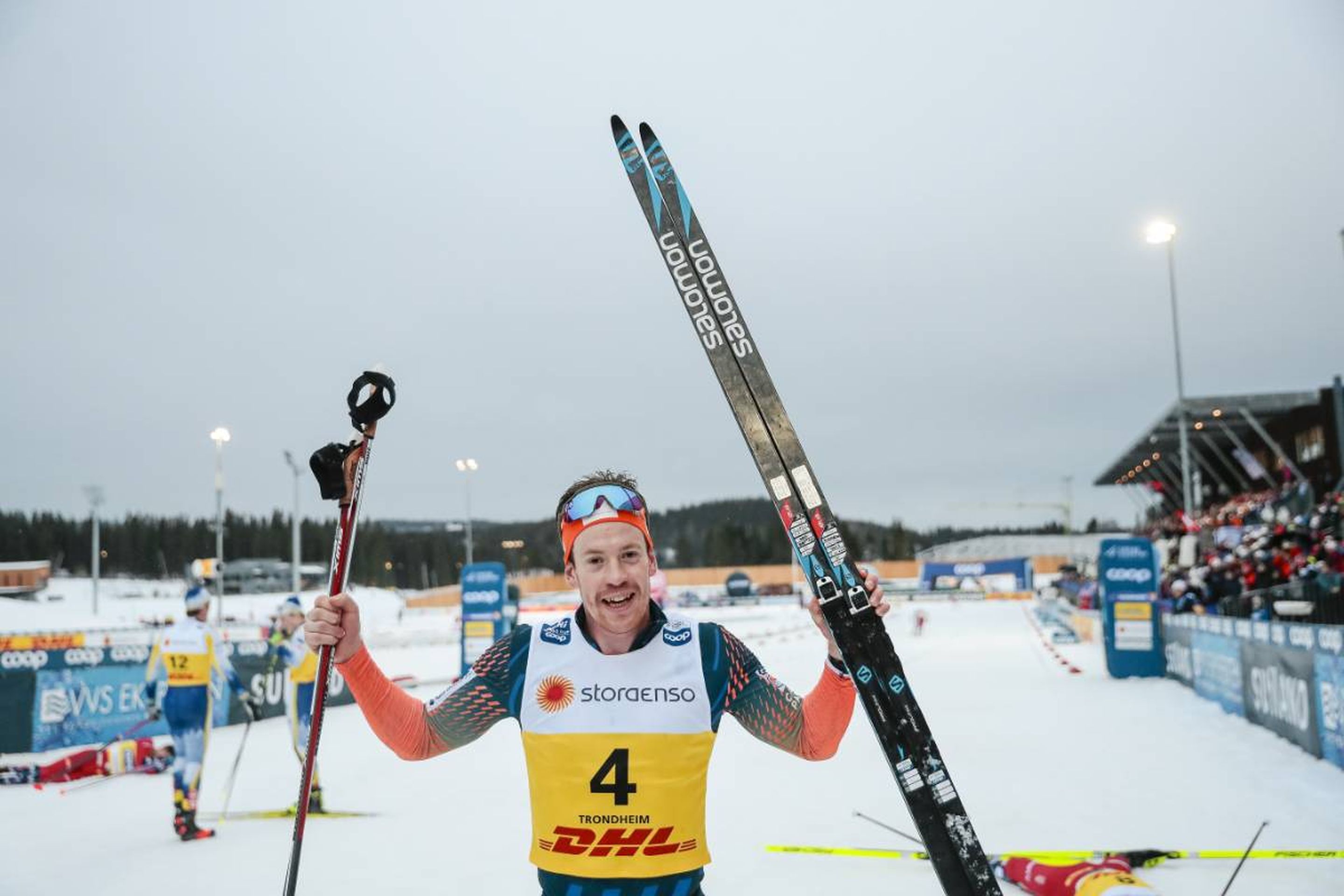 Great Britain's runner-up Andrew Musgrave celebrates his career-best result © NordicFocus