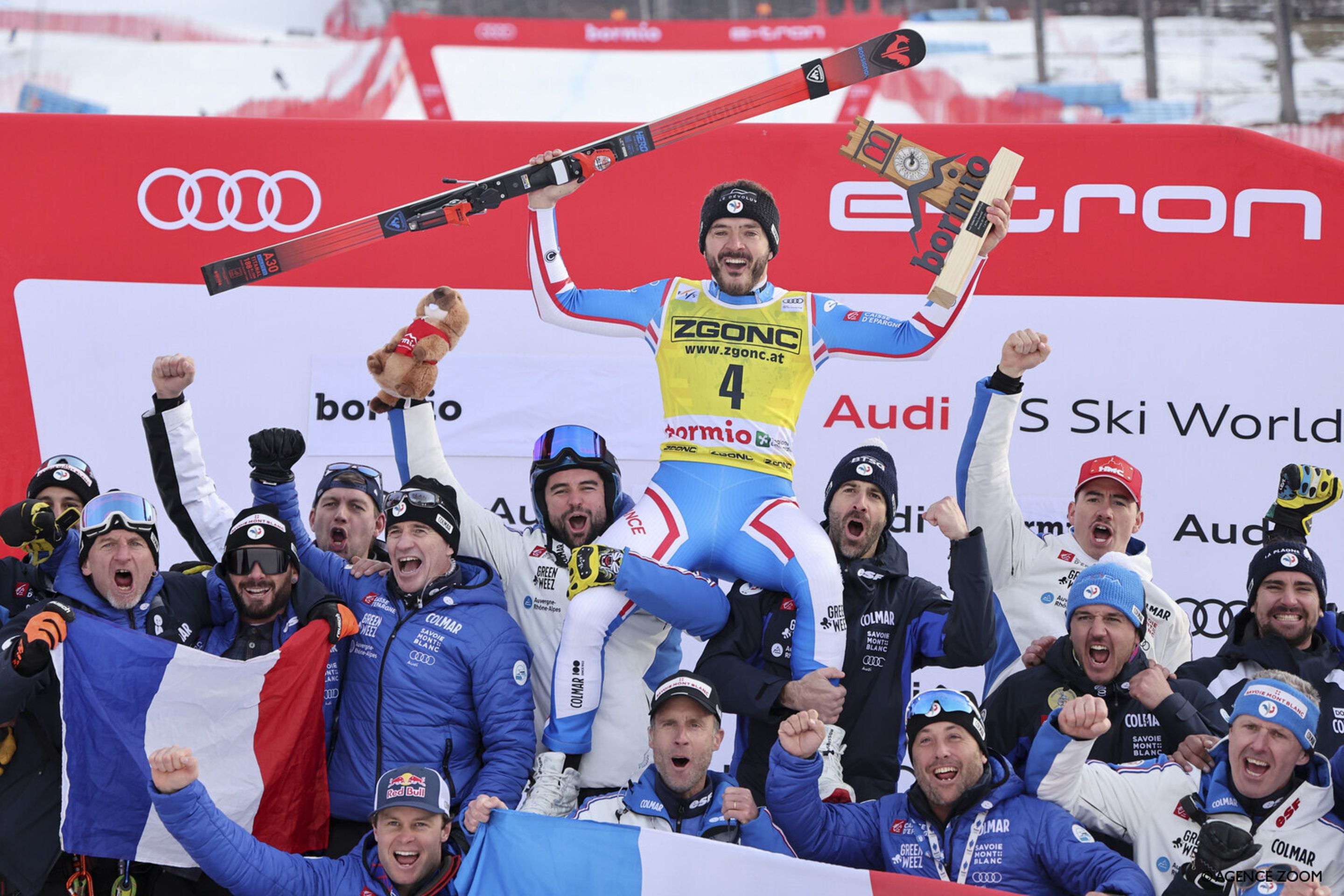 Sarrazin celebrates after his first World Cup downhill win in Bormio (Agence Zoom)