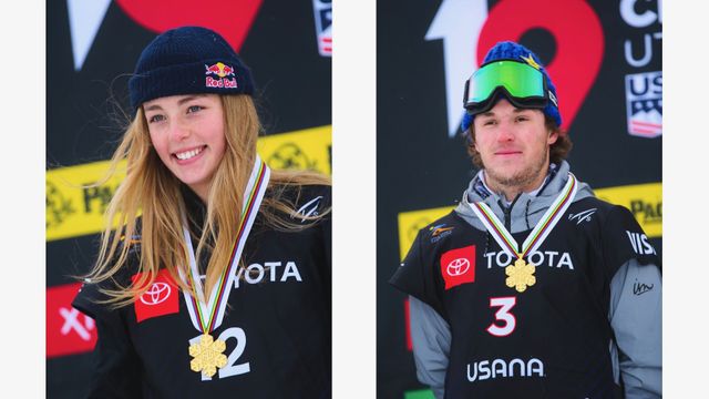 Laax Open slopestyle winners Liam Brearley (CAN) and Julia Marino (USA) © Christian Stadler/LAAX OPEN
