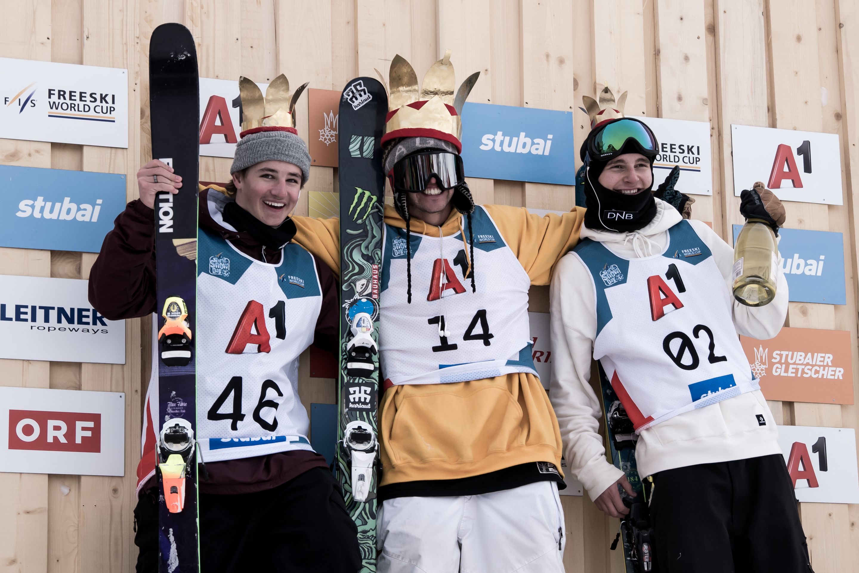 Men's podium in Stubai with 2nd Mac Forehand (USA), 1st Henrik Harlaut (SWE) and 3rd Ferdinand Dahl (NOR)