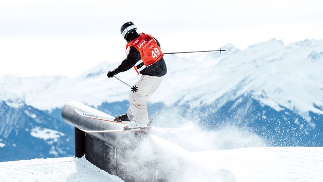 Training action at the 2026 Laax Open FIS Freeski Slopestyle World Cup. Photo: @davidtributsch/@fisparkandpipe