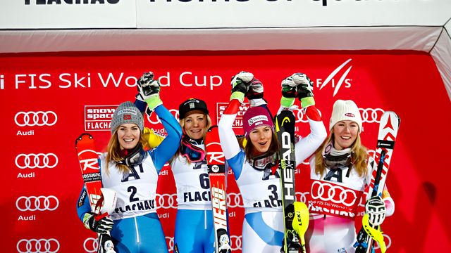 FLACHAU, AUSTRIA - JANUARY 10: Nina Loeseth of Norway takes 2nd place, Frida Hansdotter of Sweden takes 1st place, Mikaela Shiffrin of USA takes 3rd place, Wendy Holdener of Switzerland takes 3rd place during the Audi FIS Alpine Ski World Cup Women's Slalom on January 10, 2017 in Flachau, Austria (Photo by Christophe Pallot/Agence Zoom)