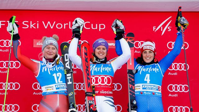 KRONPLATZ, ITALY - JANUARY 23: Ragnhild Mowinckel of Norway takes 2nd place, Viktoria Rebensburg of Germany takes 1st place, Federica Brignone of Italy takes 3rd place during the Audi FIS Alpine Ski World Cup Women's Giant Slalom on January 23, 2018 in Kronplatz, Italy. (Photo by Christophe Pallot/Agence Zoom)